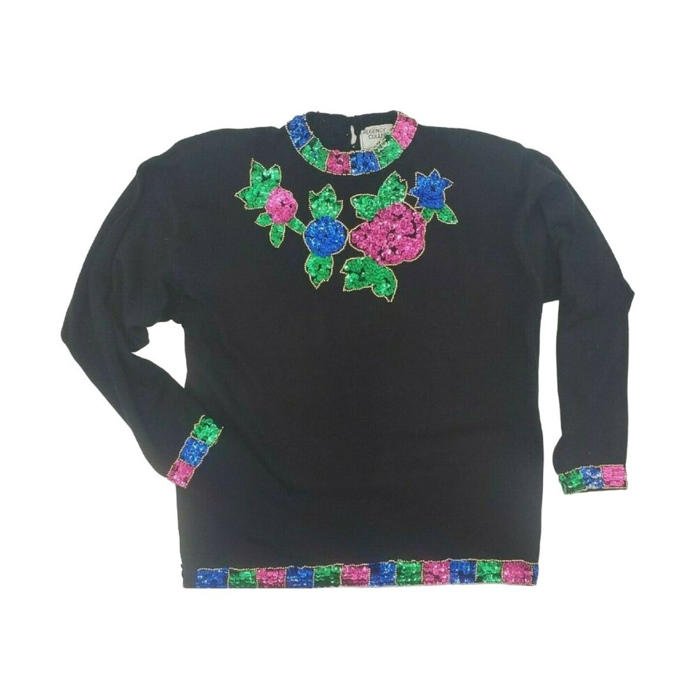 Vintage 80s 90s Sweater‎ Black Medium Jewels Colorful Sequins Embellished Bling